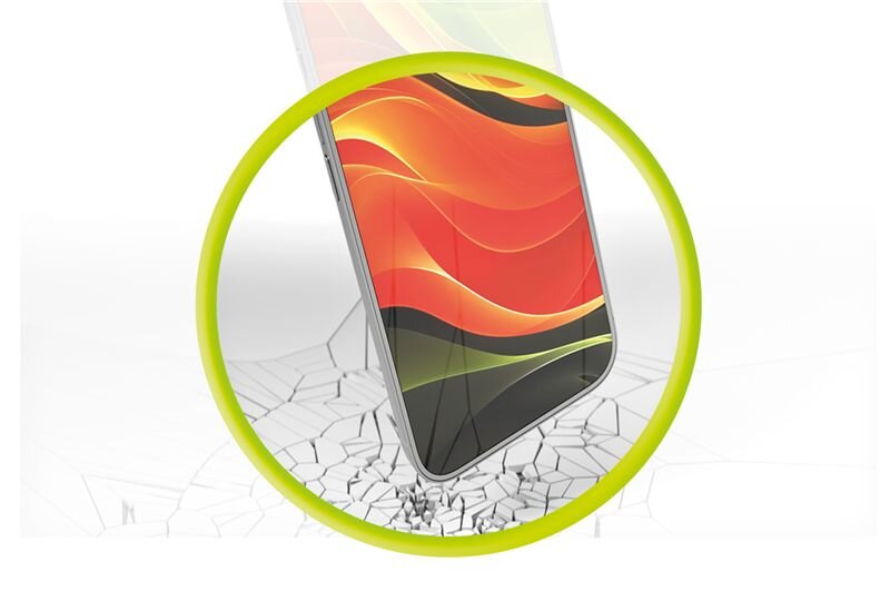 Obraz przedstawia telefon z kolorowym ekranem, otoczony zielonym okręgiem, spadający na powierzchnię z pęknięciami.