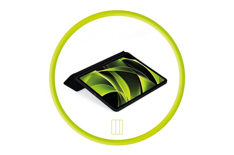 Obraz przedstawia czarne etui na tablet z wyświetlaczem pokazującym zielono-czarny wzór. Całość otoczona jest zielonym okręgiem, a poniżej znajduje się symbol prostokąta z trzema pionowymi liniami.