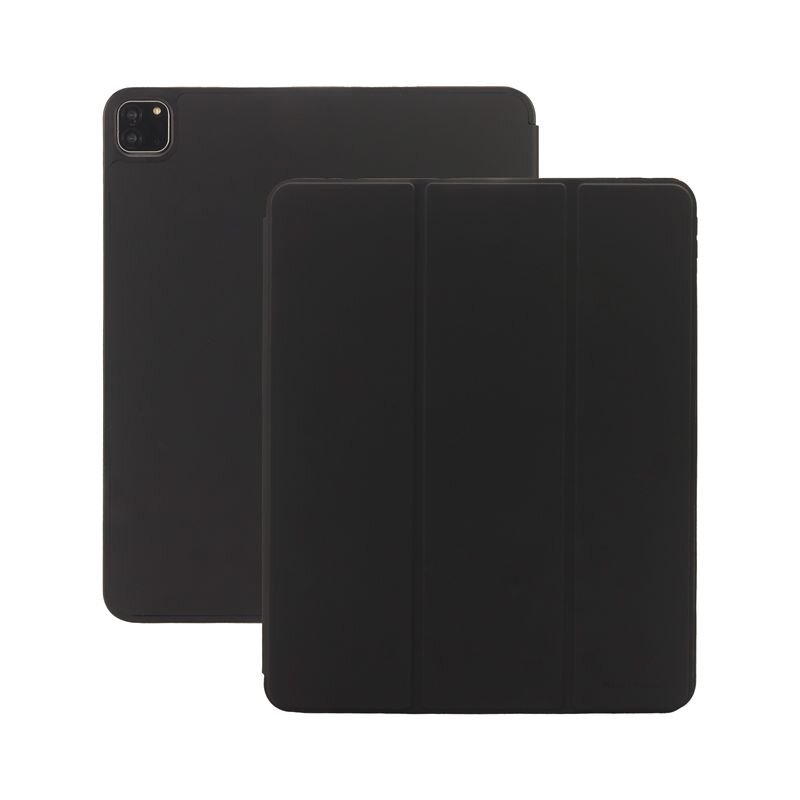 Na obrazie widoczne są dwa czarne etui na tablet, jedno z nich ma wycięcie na aparat w rogu. Etui mają prosty, minimalistyczny design.
