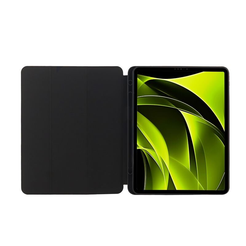 Obraz przedstawia czarne etui na tablet z otwartą klapką, w którym znajduje się tablet z wyświetlaczem pokazującym zielono-czarną grafikę.