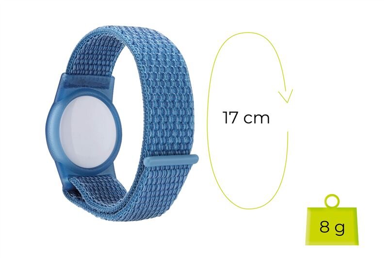 Niebieski pasek z okrągłym miejscem na urządzenie, o długości 17 cm i wadze 8 g.