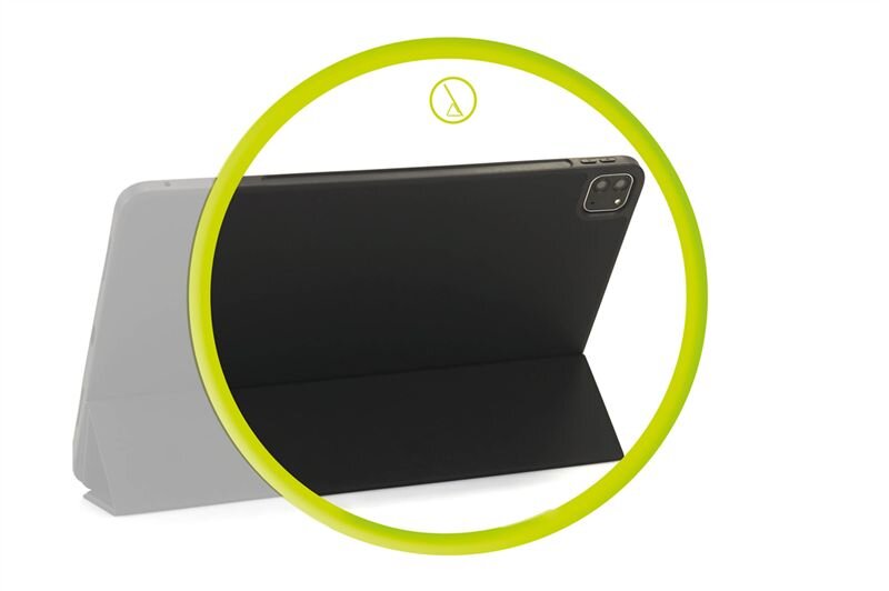Obraz przedstawia czarne etui na tablet, ustawione w pozycji stojącej. W górnej części widoczny jest żółty okrąg z symbolem stojaka.