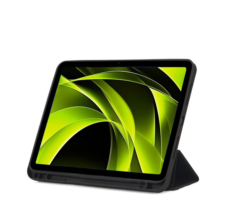 Tablet w czarnej obudowie z wyświetlaczem pokazującym abstrakcyjny wzór w odcieniach zieleni i czerni. Obudowa jest ustawiona w pozycji stojącej.