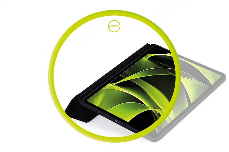 Obraz przedstawia tablet w czarnej obudowie, ustawiony pod kątem, z widocznym zielonym wzorem na ekranie. W tle znajduje się żółty okrąg z symbolem tabletu na górze.