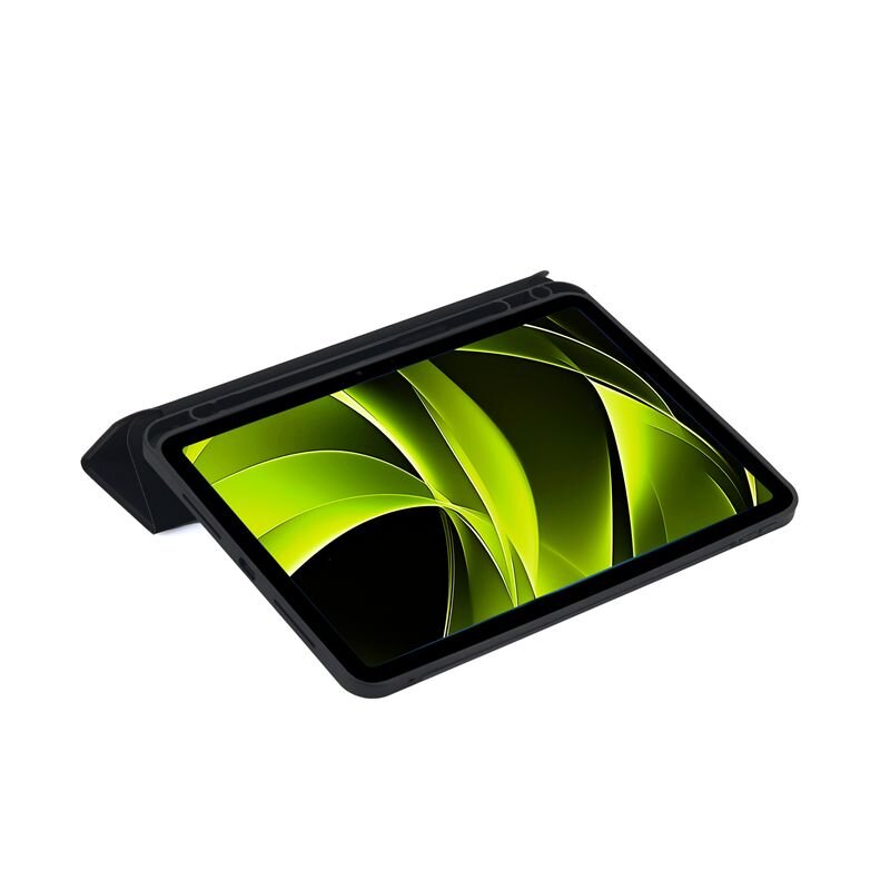 Czarny futerał na tablet z wyświetlaczem pokazującym zielono-czarne abstrakcyjne wzory. Futerał jest ustawiony w pozycji stojącej.