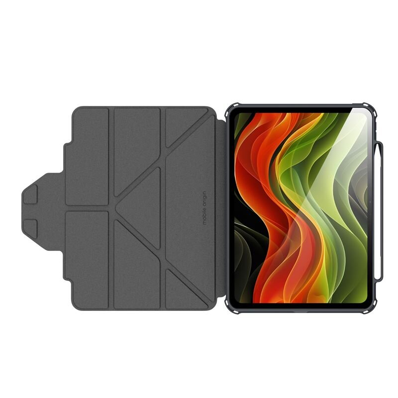 Etui ochronne w kolorze czarnym z otwartą klapką, na której widnieje napis \'mobile origin\'. Wewnątrz znajduje się tablet z kolorowym, abstrakcyjnym wzorem na ekranie.