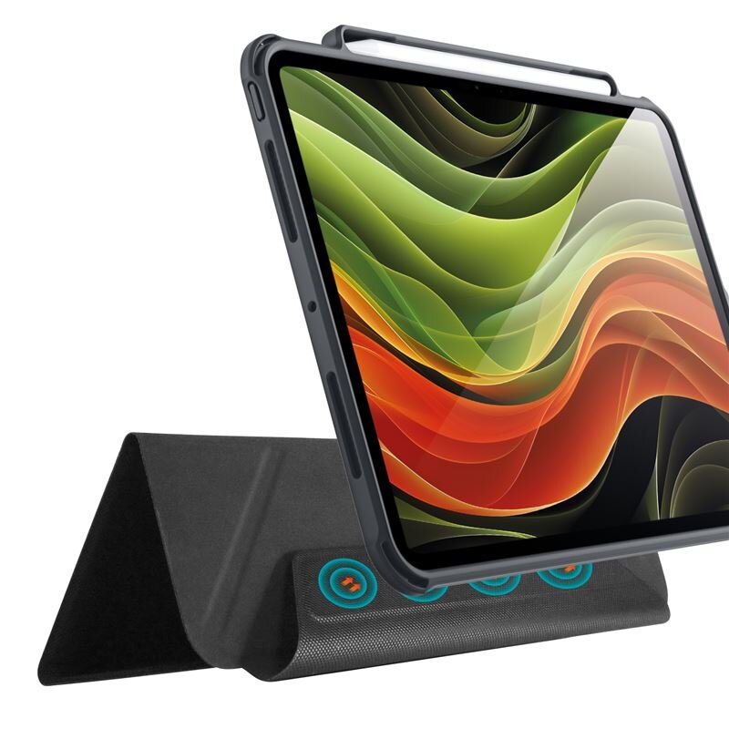 Obraz przedstawia tablet w czarnej, wytrzymałej obudowie, ustawiony na stojaku. Ekran wyświetla kolorowe, abstrakcyjne wzory.