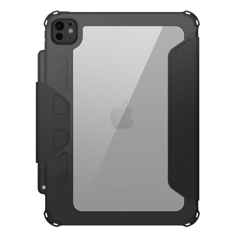 Czarna obudowa ochronna na tablet z przezroczystym tyłem, widocznym logo producenta i miejscem na aparat. Obudowa ma teksturowane elementy po bokach.