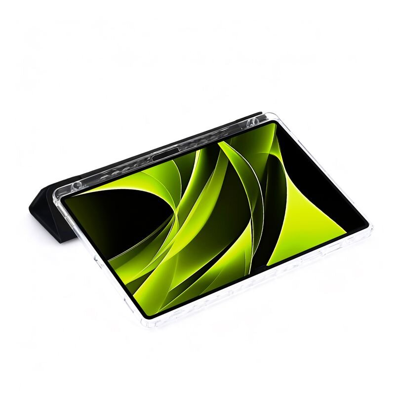 Tablet w przezroczystej obudowie z wyświetlaczem pokazującym abstrakcyjne zielono-czarne wzory. Obudowa jest ustawiona w pozycji stojącej.