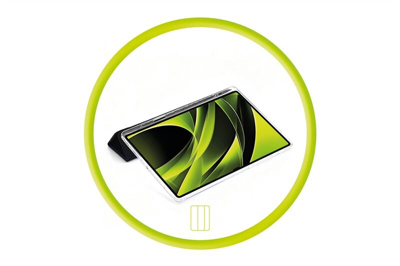 Obraz przedstawia tablet w przezroczystym etui, ustawiony pod kątem na czarnym stojaku. W tle widoczny jest zielony, abstrakcyjny wzór, a całość otoczona jest zielonym okręgiem.