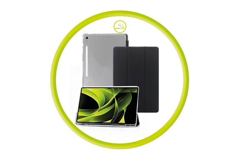 Obraz przedstawia przezroczyste etui na tablet oraz tablet z wyświetlaczem pokazującym zielono-czarną grafikę. W tle widoczne jest czarne etui, a całość otoczona jest zielonym okręgiem z napisem \'0% VAT\'.