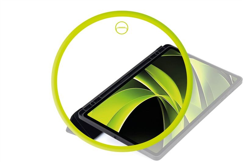 Obraz przedstawia czarne etui na tablet z widocznym ekranem z zielonymi wzorami. W górnej części znajduje się żółty okrąg z symbolem przypominającym przekreślone koło.
