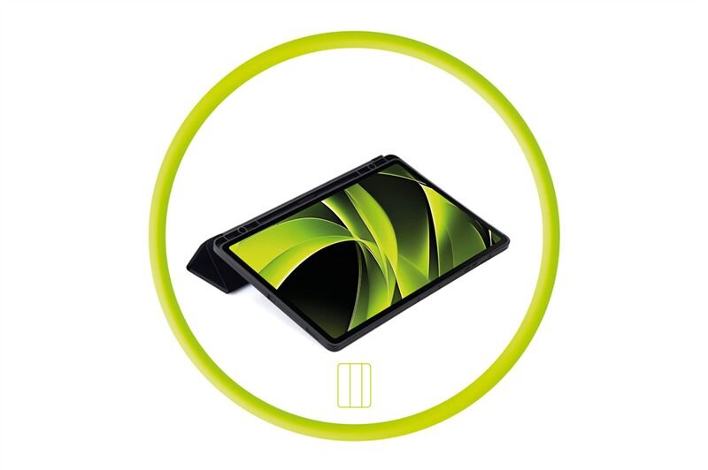 Obraz przedstawia tablet w czarnym etui, ustawiony pod kątem, z wyświetlaczem pokazującym zielono-czarne wzory. Całość otoczona jest zielonym okręgiem, a poniżej znajduje się symbol przypominający prostokąt z trzema pionowymi liniami.