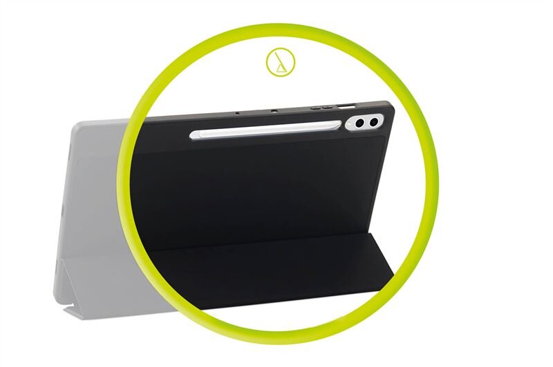 Obraz przedstawia czarne etui na tablet z widocznymi wycięciami na aparat i przyciski. Wokół etui znajduje się żółty okrąg z symbolem w środku.