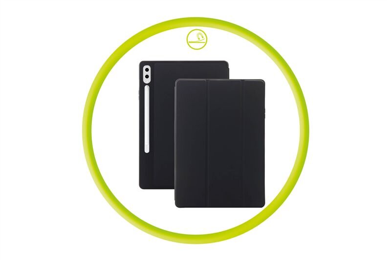 Obraz przedstawia czarne etui na tablet, widoczne z przodu i z tyłu, umieszczone w zielonym okręgu. Nad etui znajduje się symbol przedstawiający obrót o 360 stopni.