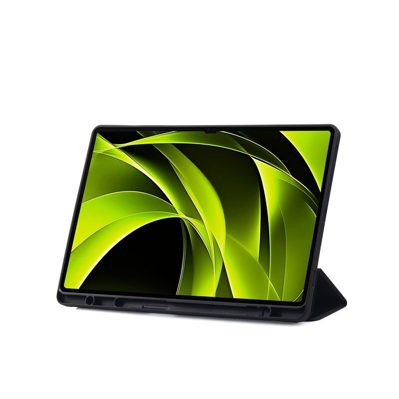 Tablet w czarnej obudowie z wyświetlaczem pokazującym abstrakcyjny wzór w odcieniach zieleni i czerni.