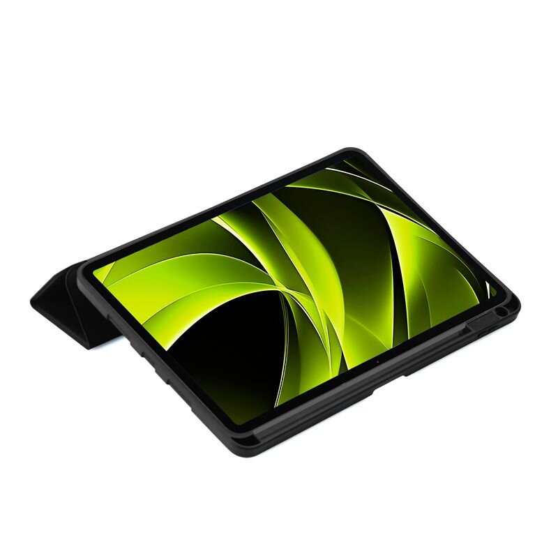 Tablet w czarnej obudowie z zielonym, abstrakcyjnym wzorem na ekranie. Obudowa jest otwarta, umożliwiając ustawienie tabletu pod kątem.