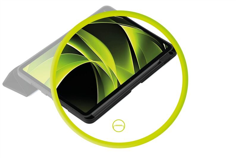 Obraz przedstawia tablet w czarnej obudowie z wyświetlaczem pokazującym zielono-czarne wzory. Na pierwszym planie widoczny jest żółty okrąg z symbolem minusa w środku.