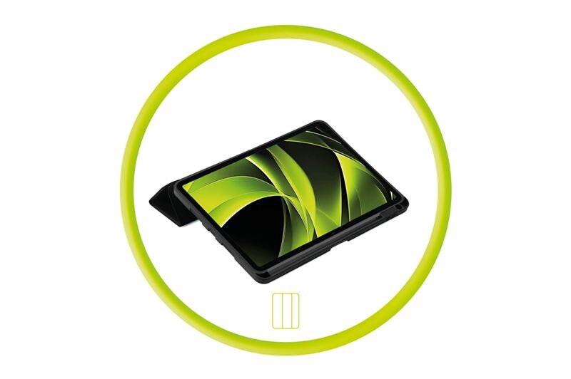 Obraz przedstawia tablet w czarnym etui, ustawiony pod kątem, z wyświetlaczem pokazującym zielono-czarne wzory. Całość otoczona jest żółtym okręgiem, a poniżej znajduje się symbol prostokąta z trzema pionowymi liniami.