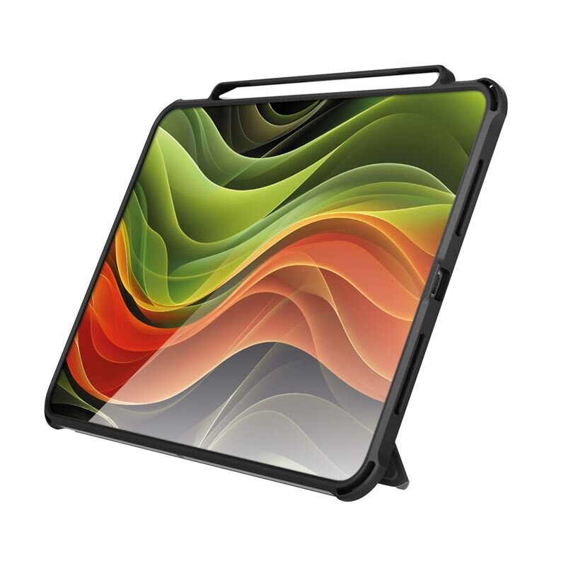 Obraz przedstawia czarne etui ochronne na tablet z uchwytem, z widocznym kolorowym, abstrakcyjnym wzorem na ekranie. Etui ma solidną konstrukcję z wycięciami na przyciski.