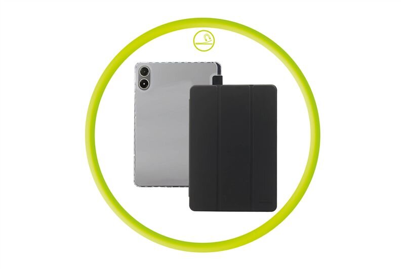 Obraz przedstawia dwa etui na tablet, jedno przezroczyste, a drugie czarne, umieszczone wewnątrz zielonego okręgu z ikoną tabletu na górze.