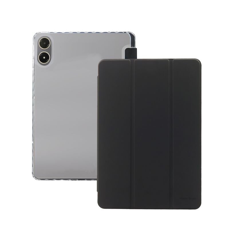 Na obrazie widoczny jest przezroczysty futerał na tablet z dwoma otworami na aparat oraz czarna, składana okładka. Na okładce znajduje się napis \'Mobile Origin\'.