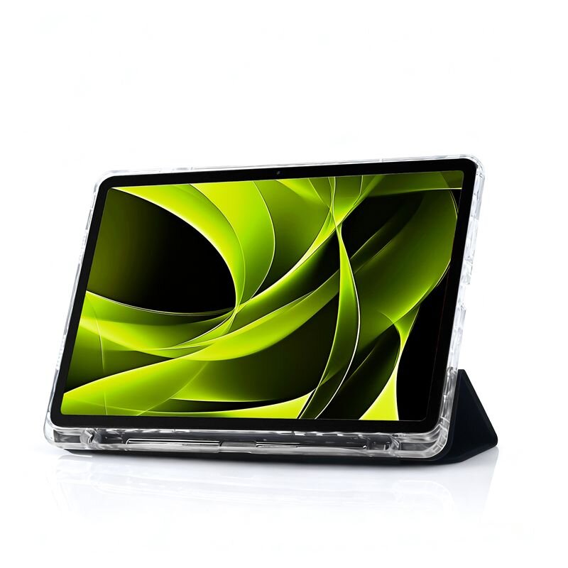 Tablet w przezroczystym etui z wyświetlaczem pokazującym zielono-czarne abstrakcyjne wzory. Etui ma przezroczyste krawędzie i czarną podstawkę.