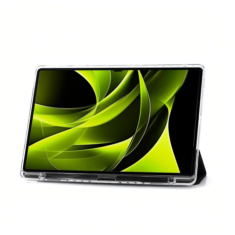 Tablet w przezroczystym etui z wyświetlaczem pokazującym abstrakcyjne zielono-czarne wzory. Etui jest ustawione w pozycji stojącej.