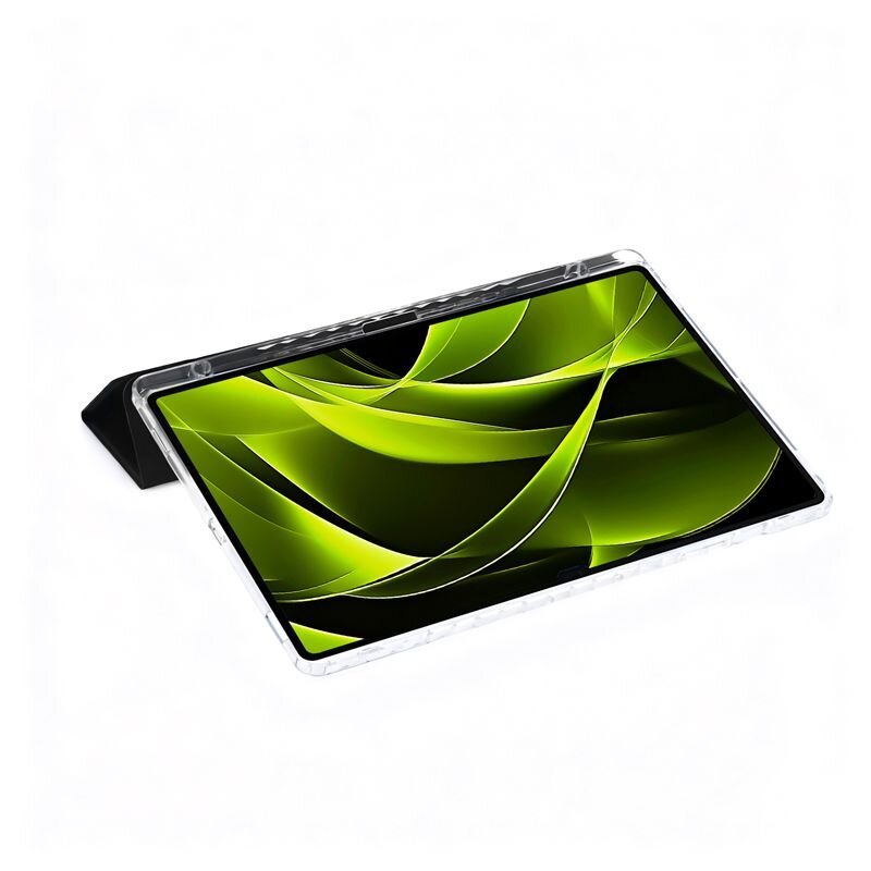 Obraz przedstawia tablet w przezroczystym etui, ustawiony pod kątem. Na ekranie widoczny jest abstrakcyjny wzór w odcieniach zieleni.