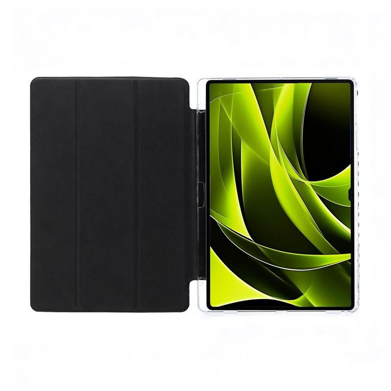Obraz przedstawia tablet w przezroczystym etui z otwartą czarną okładką. Na ekranie widoczna jest abstrakcyjna grafika w odcieniach zieleni i czerni.