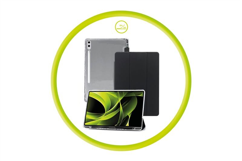 Obraz przedstawia przezroczyste etui na tablet oraz tablet z wyświetlaczem pokazującym zielono-czarną grafikę. W tle widoczny jest czarny element, a całość otoczona jest zielonym okręgiem z napisem \'0% on case\'.
