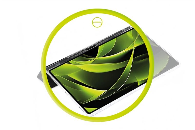 Obraz przedstawia tablet w przezroczystym etui z zielonymi, abstrakcyjnymi wzorami na ekranie. Wokół tabletu znajduje się żółty okrąg z symbolem przekreślonego koła u góry.