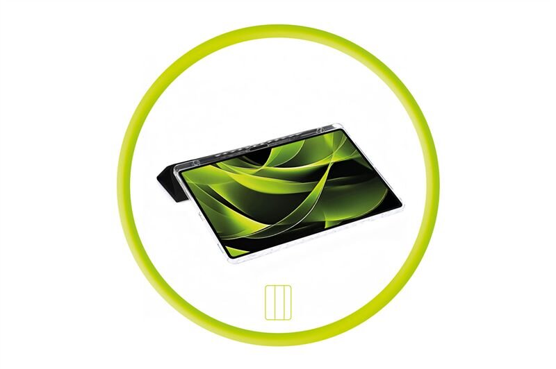 Obraz przedstawia tablet w przezroczystym etui z zielonymi wzorami na ekranie, umieszczony w żółtym okręgu. Poniżej znajduje się symbol prostokąta z dwoma pionowymi liniami.