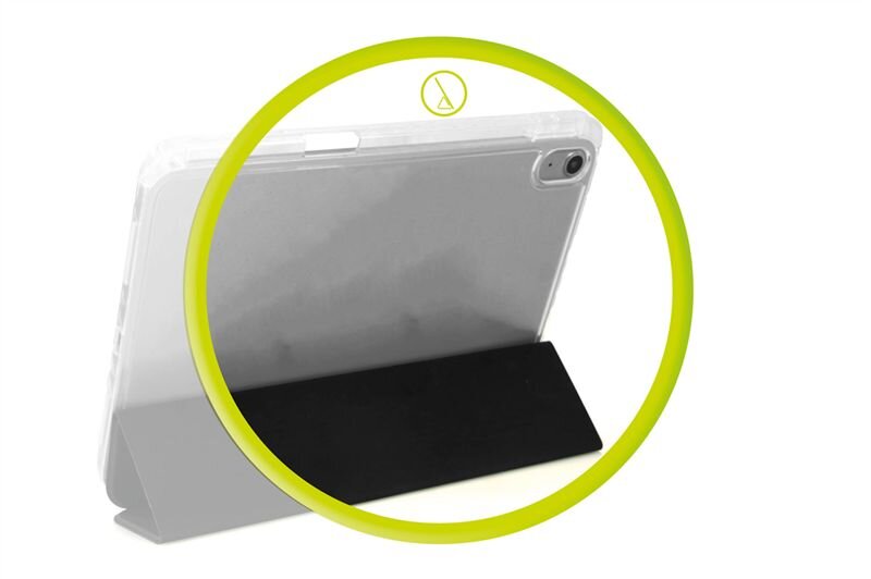 Przezroczyste etui na tablet z czarną podstawką, widoczne z tyłu urządzenia. W górnej części znajduje się żółty okrąg z symbolem stojaka.