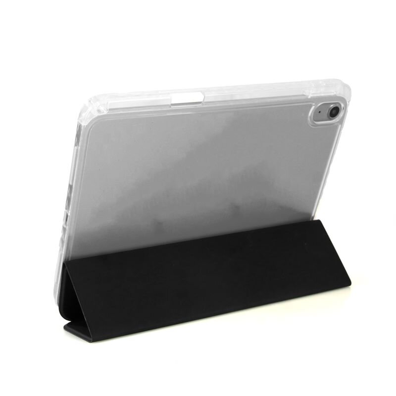 Przezroczyste etui na tablet z czarną podstawką, widoczne z tyłu z wycięciem na aparat.