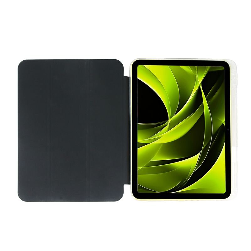 Obraz przedstawia tablet w przezroczystym etui z otwartą czarną okładką. Na ekranie widoczny jest abstrakcyjny wzór w odcieniach zieleni i czerni.