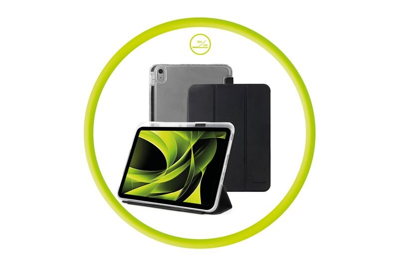 Obraz przedstawia przezroczyste etui na tablet z widocznym tabletem w środku, wyświetlającym abstrakcyjny wzór w odcieniach zieleni i czerni. W tle znajduje się czarne etui, a całość otoczona jest zielonym okręgiem z logo \'0% VAT\'.