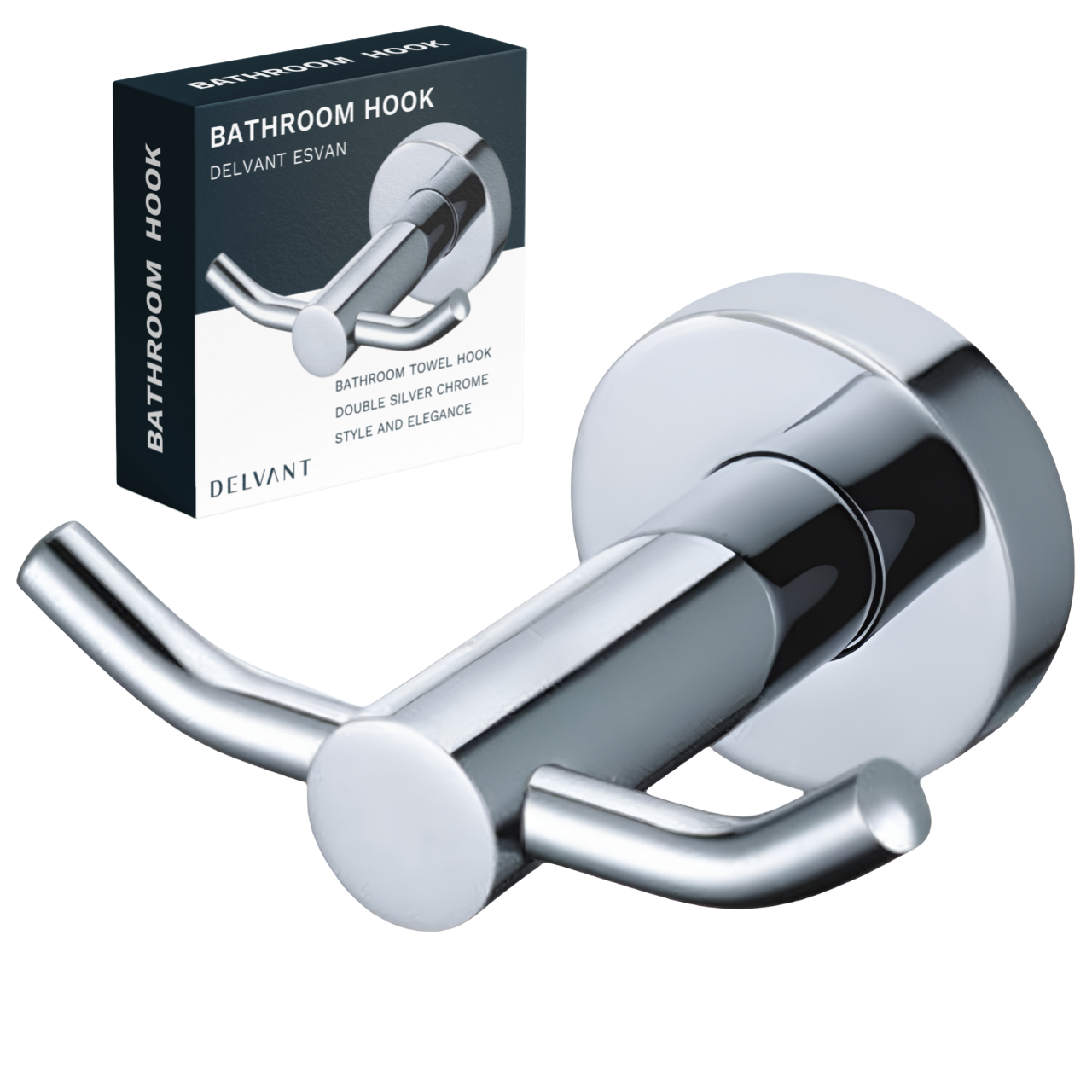 Obraz przedstawia chromowany, podwójny haczyk ścienny do łazienki. W tle widoczne jest opakowanie z napisem: \'BATHROOM HOOK DELVANT ESVAN BATHROOM TOWEL HOOK DOUBLE SILVER CHROME STYLE AND ELEGANCE DELVANT\'.