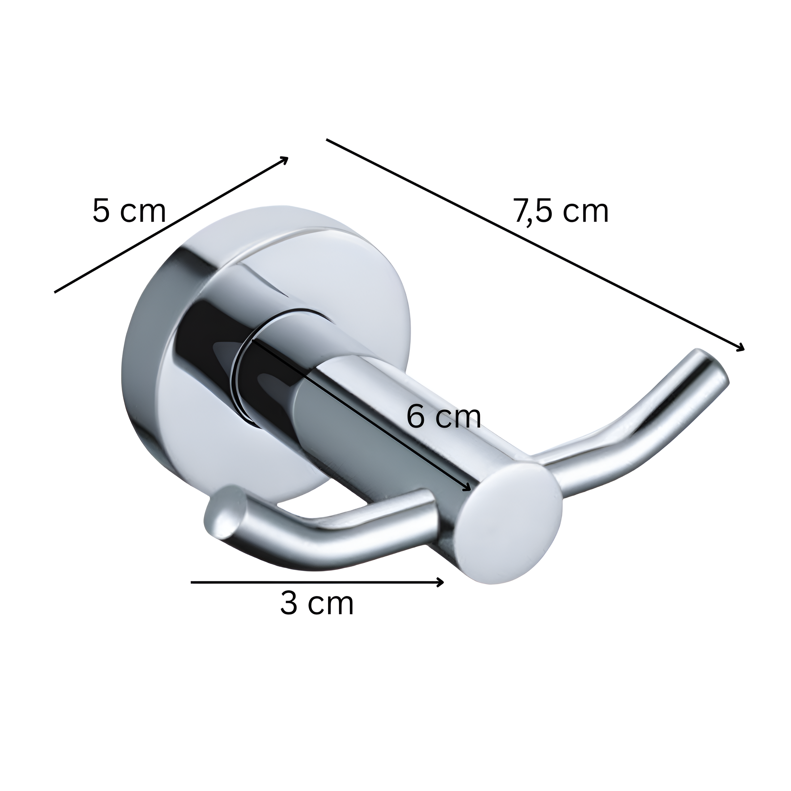 Chromowany wieszak łazienkowy na ręcznik z podwójnym haczykiem, z wymiarami: 5 cm, 7,5 cm, 6 cm i 3 cm.