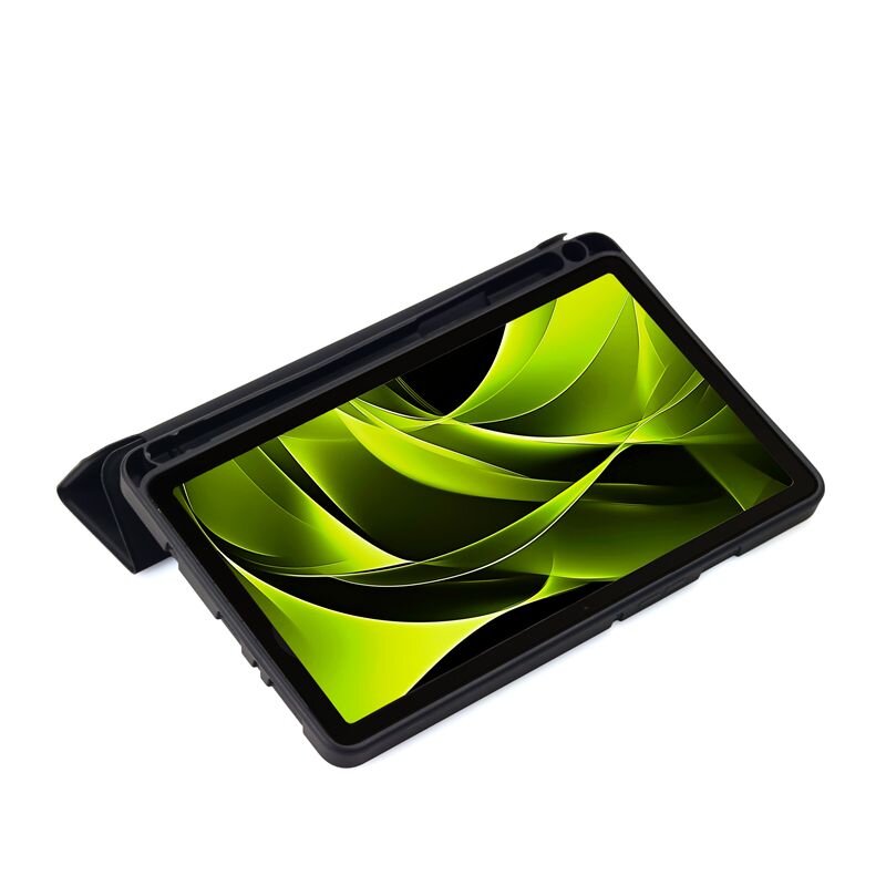 Tablet w czarnej obudowie z wyświetlaczem pokazującym zielone, abstrakcyjne wzory. Obudowa jest otwarta, umożliwiając widok na ekran.