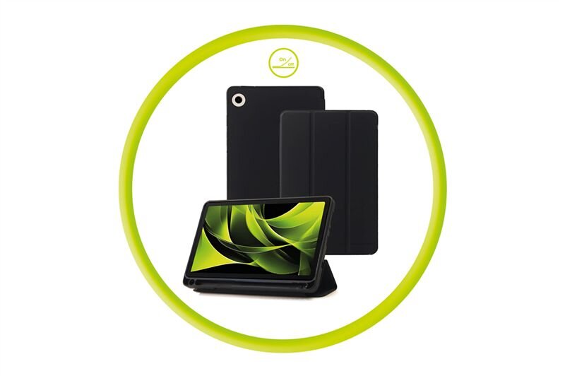 Obraz przedstawia czarne etui na tablet, które jest otwarte i ustawione w pozycji stojącej. W tle widoczne są dwie części etui, a na ekranie tabletu wyświetlany jest abstrakcyjny wzór w odcieniach zieleni.