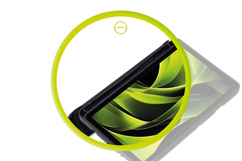 Obraz przedstawia czarną obudowę tabletu z widocznym ekranem o zielonym wzorze. Na górze znajduje się żółty okrąg z symbolem tabletu w środku.