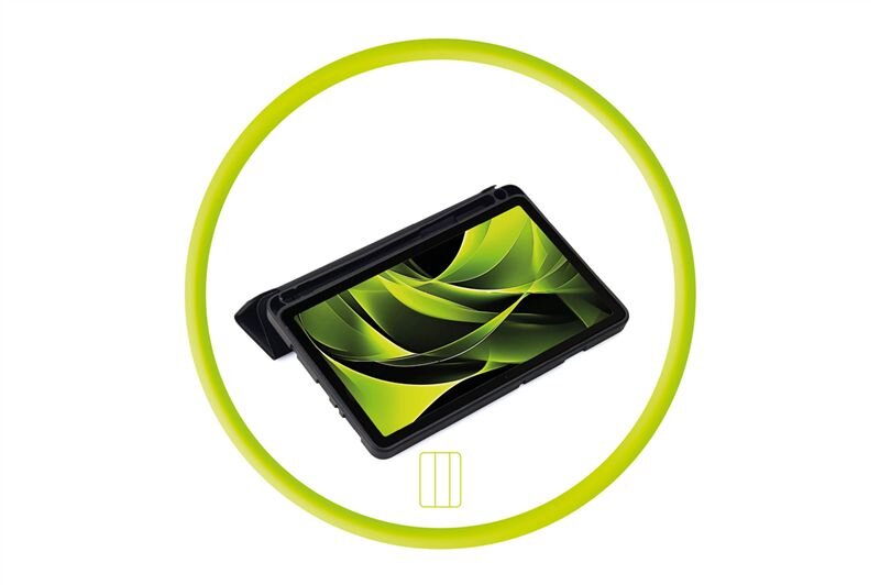 Obraz przedstawia czarne etui na tablet z widocznym ekranem z zielonym wzorem. Całość otoczona jest zielonym okręgiem, a poniżej znajduje się symbol przypominający baterię.