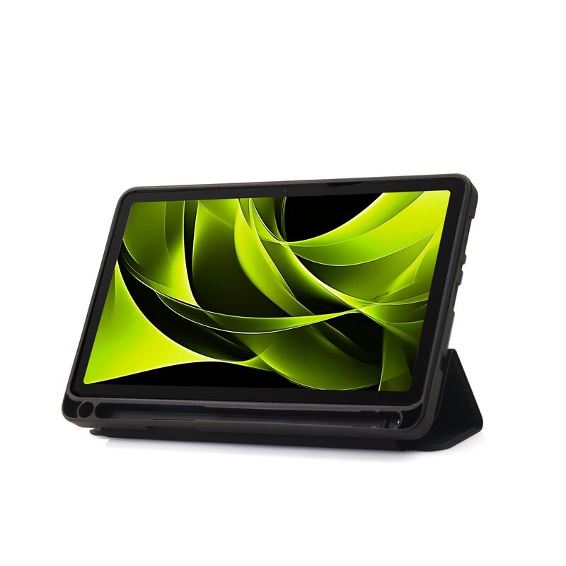 Tablet w czarnej obudowie ochronnej z wyświetlaczem pokazującym abstrakcyjny zielony wzór. Obudowa jest ustawiona w pozycji stojącej.