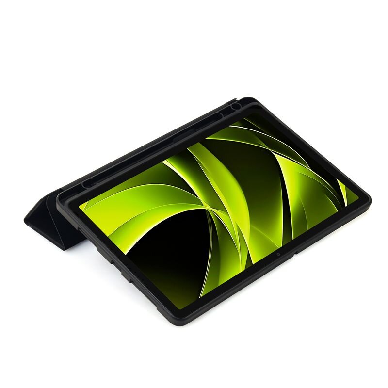 Tablet w czarnej obudowie z zielonym, abstrakcyjnym wzorem na ekranie. Obudowa jest ustawiona w pozycji stojącej.