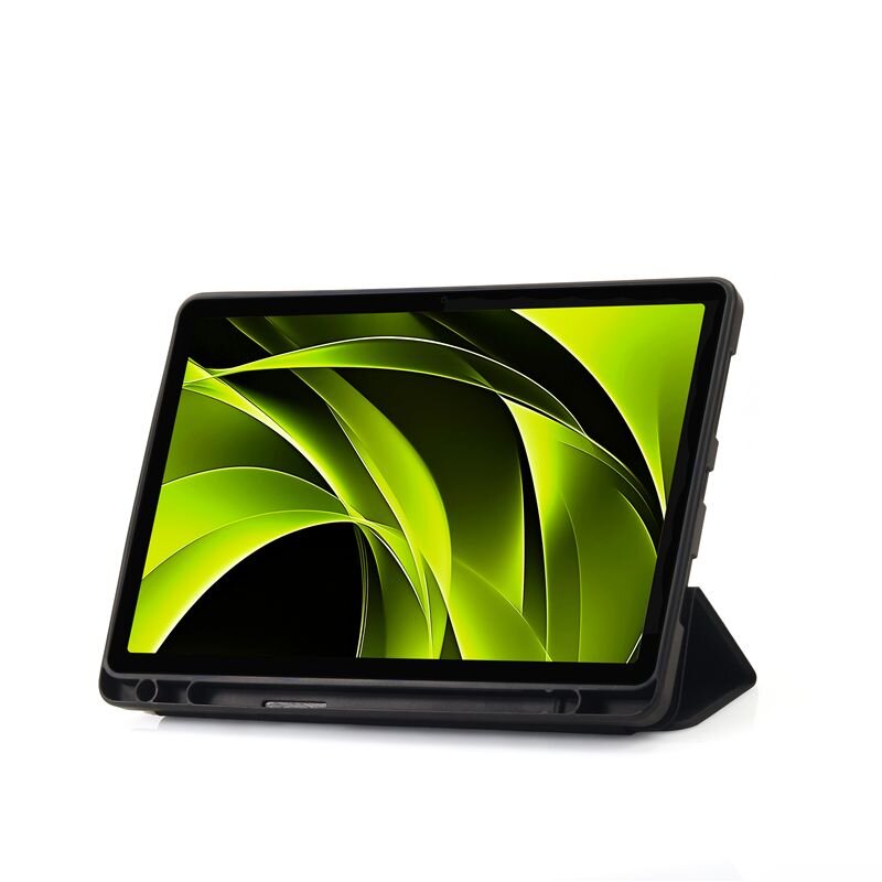 Tablet w czarnej obudowie z wyświetlaczem pokazującym abstrakcyjne zielone wzory. Obudowa jest ustawiona w pozycji stojącej.