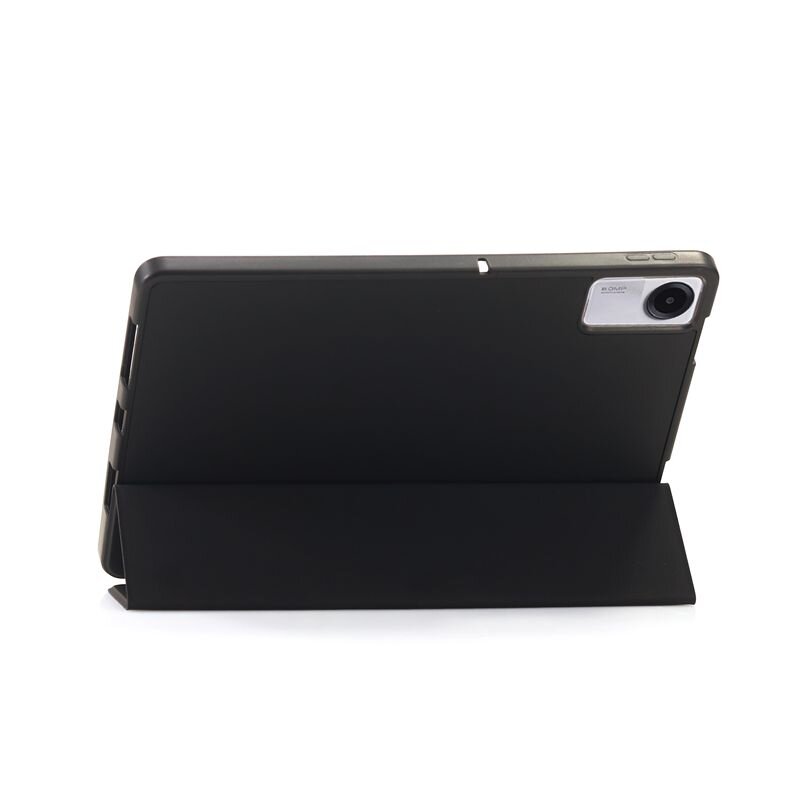 Czarny futerał na tablet ustawiony w pozycji stojącej, z widocznym aparatem w prawym górnym rogu. Na obudowie aparatu widoczny jest napis \'AI Camera\'.