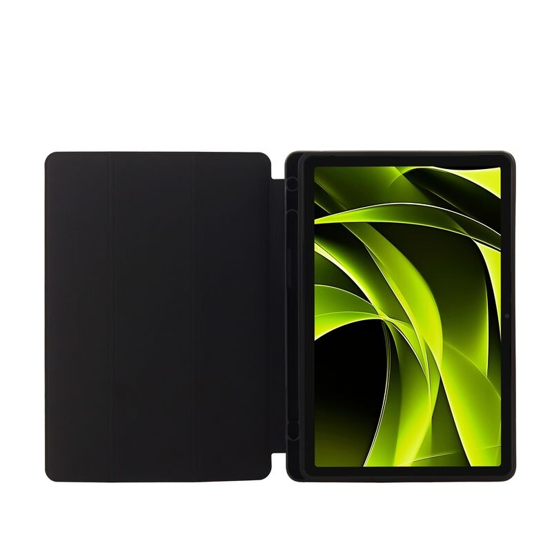 Obraz przedstawia czarne etui na tablet z otwartą klapką, w którym znajduje się tablet z wyświetlaczem pokazującym zielono-czarną abstrakcyjną grafikę.