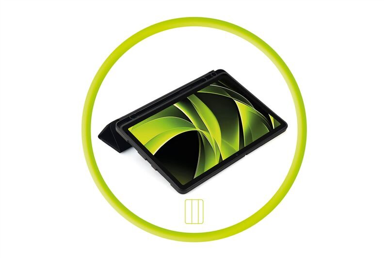 Obraz przedstawia tablet w czarnym etui, ustawiony pod kątem, z wyświetlaczem pokazującym zielono-czarne wzory. Całość otoczona jest zielonym okręgiem, a poniżej znajduje się symbol prostokąta z trzema pionowymi liniami.