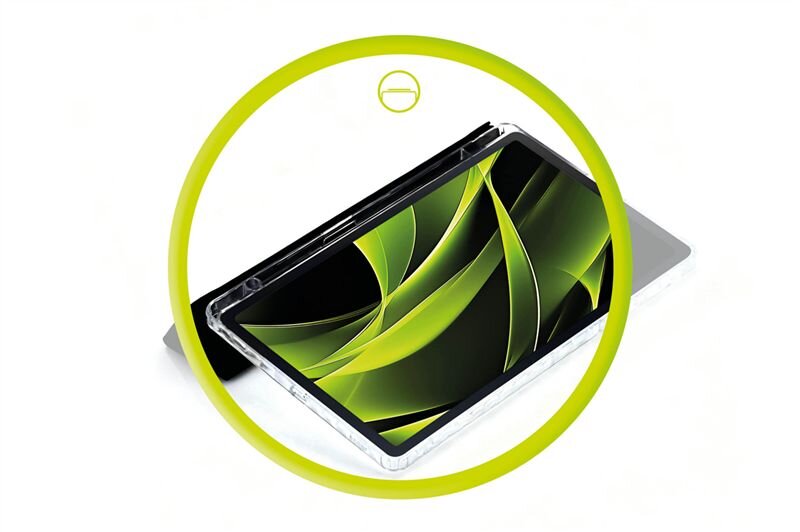 Obraz przedstawia tablet w przezroczystym etui z zielonymi wzorami na ekranie, otoczony żółtym okręgiem. Nad tabletem znajduje się symbol w kształcie poziomej kreski w okręgu.
